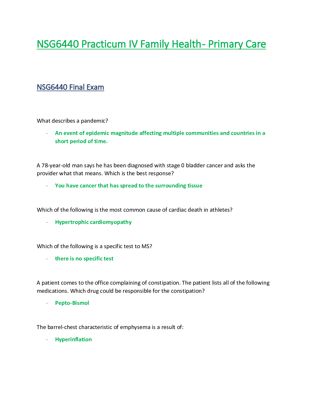 Preview of NSG6440 / NSG 6440 Final Exam  : Practicum IV Family Health - Primary Care | South Univers